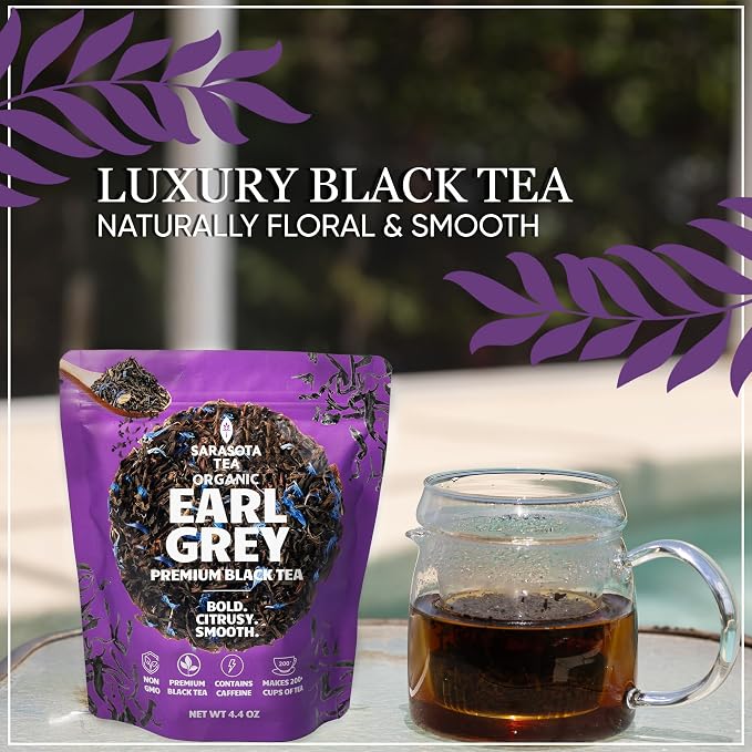 Organic Earl Grey Loose Leaf Tea by Sarasota Tea | Premium Black Tea with Natural Bergamot | Strong & Aromatic | 4.4 oz Bulk Bag | Hot or Iced | Non-GMO