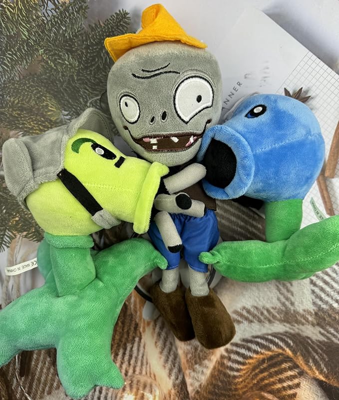 JHESAO 3 PCS Plants and Zombies PVZ Plush Toys - Brown Coat Gatling Peashooter, Ice Peashooter, Conehead Zombies Plushies New