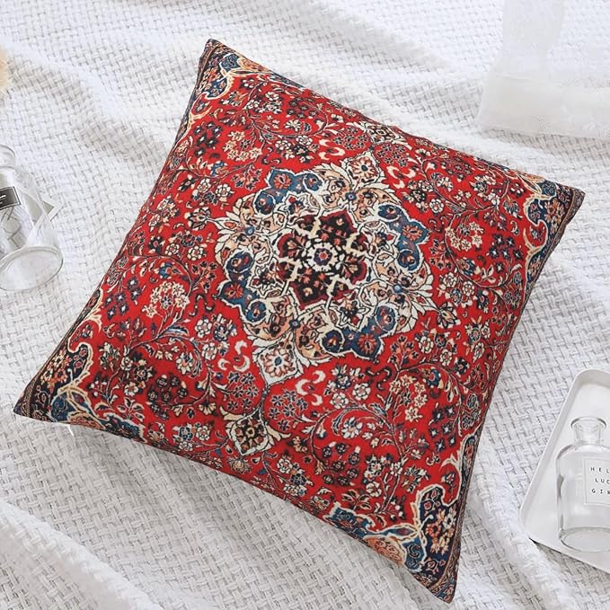Red Blue Sarouk Persian Carpet Print Pillow Covers Decorative Square Throw Pillowcase 18x18 Inch Couch Cushion Cover for Home Decor Living Room Bedroom College Dorm Bed Car Sofa