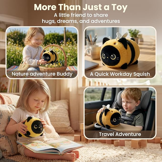 Mewaii Cute Black Cat Bee Plush Pillow, Kawaii Plushies Bee Stuffed Toy, Kitten Plushies with Honeybee Outfit Costume, Soft Squishy Bee Gift for Girls & Kids (8 Inch)