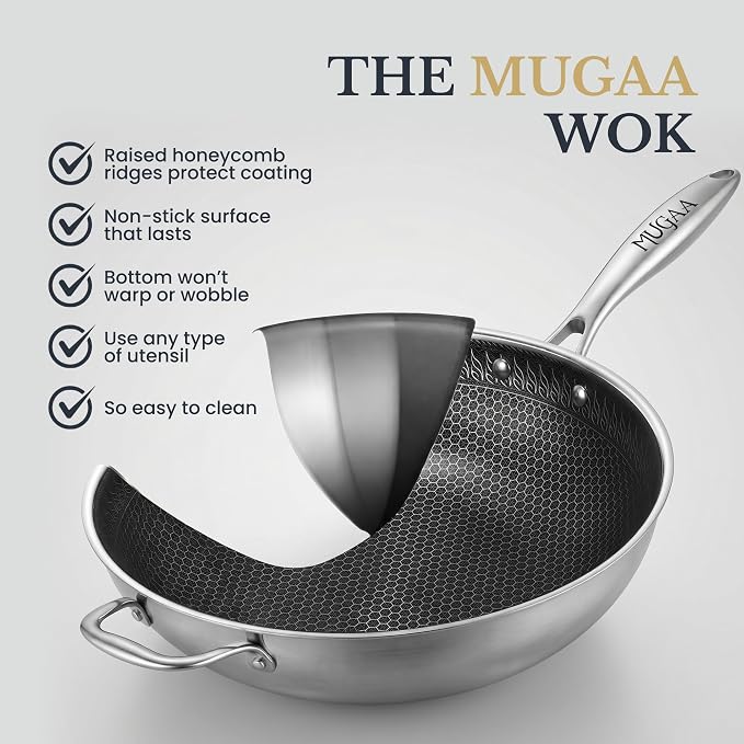 MUGAA® 12.5" Honeycomb Stainless Steel Wok with Lid Nonstick Induction Safe | Heavy-Duty Stir Fry Pan, Induction Compatible & Even Heat Distribution, PFOA-Free Non Toxic Cookware, Oven & Dishwasher Safe
