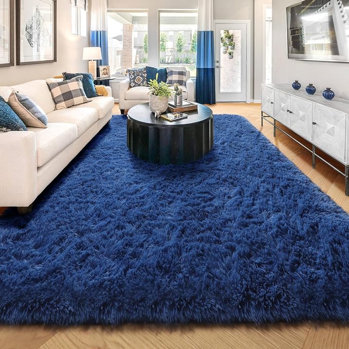Amdrebio Navy Blue Large Area Rug 8x10 for Living Room Boys Bedroom Carpet | Fluffy Fuzzy Furry Shag Plush Home, Classroom Baby Nursery Kids Playroom Decor, Coastal Aesthetic Ocean Nautical, Royal Blue