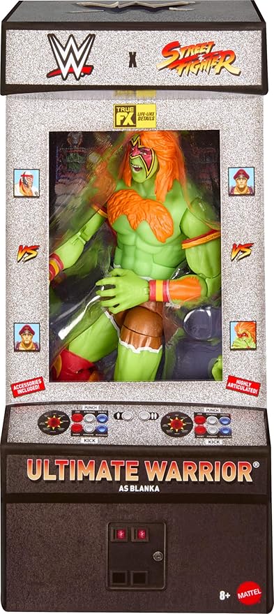 WWE Mattel x Street Fighter Ultimate Warrior As Blanka Action Figure, 6-inch Elite Collectible Wrestling Series Mashup, Highly Articulated with Accessories, Ages 8+, JLD78