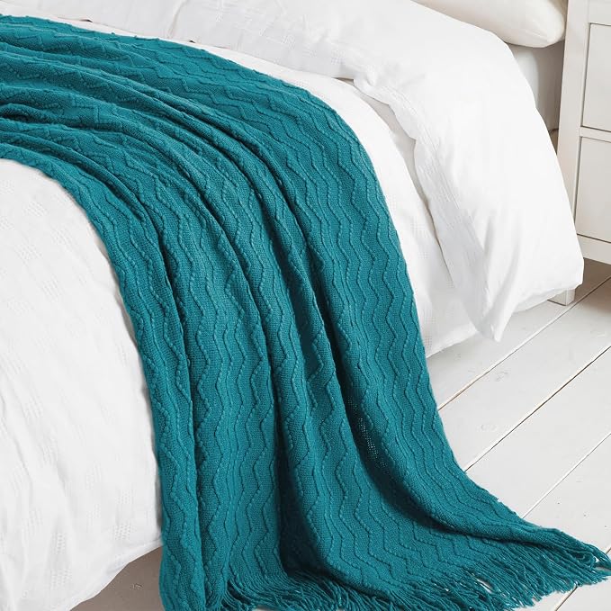 BOURINA Teal Throw Blanket 50x90 Inch Boho Knitted Soft Throw Sofa Blanket | Knitted Throw Blanket 50x90 Inches, Soft Lightweight Boho Weave Throw Decorative Couch Blanket for Living Room Bedroom Chair