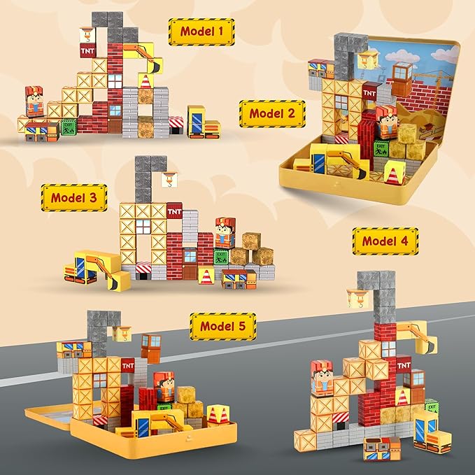 Mini Magnetic Blocks Travel Set – Christmas STEM Toddler Toys in Iron Box, Educational Building Cubes for Kids Ages 3–8, for Boys & Girls (49PCS Construstion Edition)