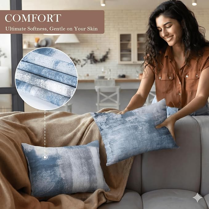 Modern Abstract Throw Pillow Covers 12x20, Blue & Grey Set of 4 | Double-sided vibrant artwork accent cushion covers. Perfect decorative pillows for couch, sofa, bed, and living room.