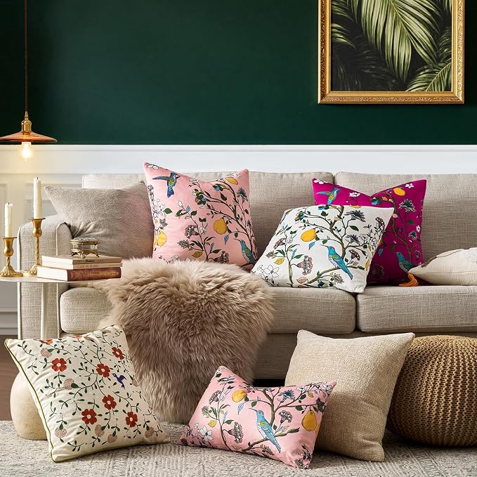 MUSSEL Light Pink Floral Vintage Decorative Pillow Covers 18x18 Set of 2 | Soft Velvet,Wild Flower Plant,Throw Pillows Case,Square,Colorful Farmhouse Cushion Covers,Home Sofa Bed Couch Decor