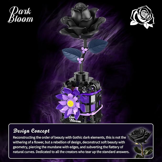 Gothic Black Roses Building Blocks Kit, Mysterious Dark Bloom with Vase Toy Building Sets for Boys Girls, 359 Pcs Artificial Flower Building Toys Halloween Decor Gifts for Kids Adults
