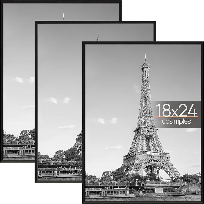 upsimples 18x24 Picture Frame Black 3 Pack, Scratch-Proof Poster Frames 18 x 24 for Photo Gallery - Slide-In Strips, Horizontal or Vertical Wall Mounting | Gallery Wall 18 x 24 Picture Frames Set for Family, Wedding, Christmas, Easy to Change Photos