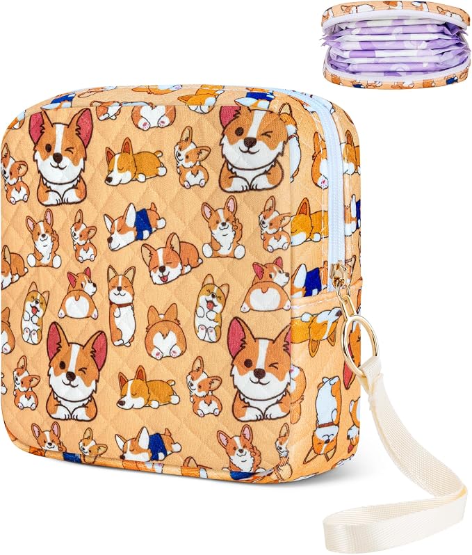 Likesing Tampon Holder for Purse, Quilted Period Bag Sanitary Napkin Storage Bag for Girls Womens, Portable Feminine Emergency Pad Period Pouch(Orange Dog)