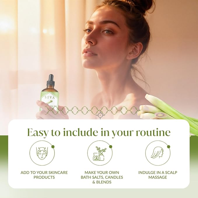 Siva Lemongrass Essential Oil 4 Fl Oz – for Diffuser, Skin & Hair Care – Ideal for Massage & DIY Blends- with Dropper