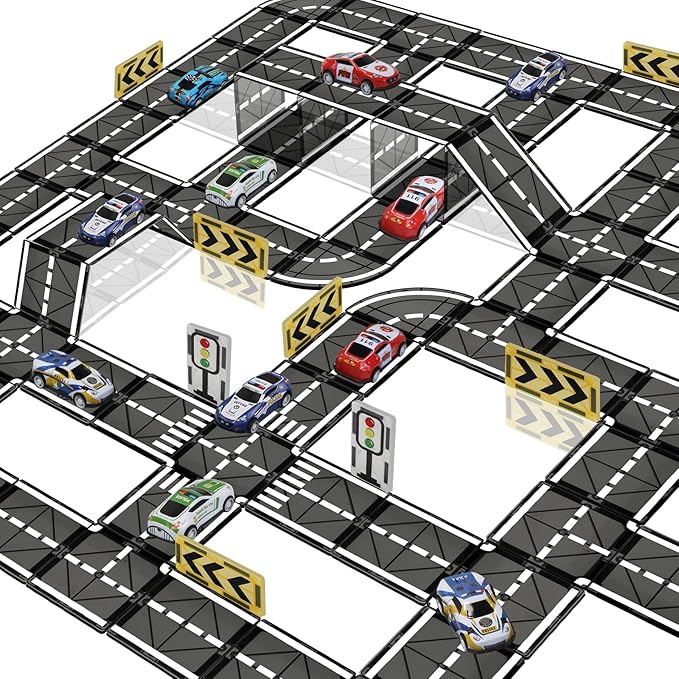 Magnetic Tiles Road Set with Pullback Car, Magnetic Tiles for Kids Ages 3-5 4-8, Magnet Building Tile for Toddler Kids Boys Girls, Creative STEM Building Toy & Learning Educational Magnet Toys