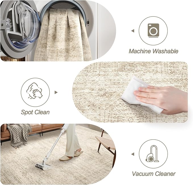 Soalmost 2x3 Washable Rugs for Kitchen, Entryway, Small Area Rug Beige | Non-Slip Vintage Low Pile Throw Door Mat For Bathroom Entry Laundry Powder Room, Stain Resistant Indoor Entrance Floor Carpet