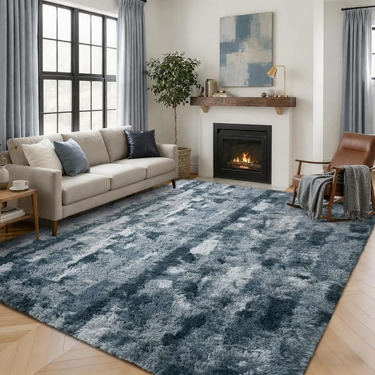 5x7 Feet Area Rugs for Living Room, Grey and Blue Plush Fluffy Shaggy Bedroom Rugs Non-Slip, Ultra Soft Carpet for Nursery Kids PlayRoom Dorm Office Indoor