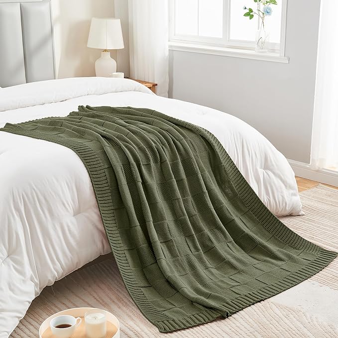 CozeCube Olive Green Knitted Checkered Throw Blanket 60"X80" | Check Knit Throw for Couch, Decorative Christmas Soft Cozy Warm Blanket for Bed Sofa Living Room