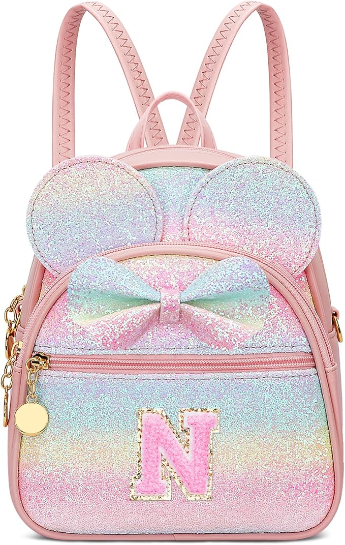 KKXIU Initial Bowknot Mini Backpacks for Girls Women, Small Cute Backpack Purse, Personalized Valentines Day Gifts for Toddler, Kids and Teen Girls(N, Rainbow)