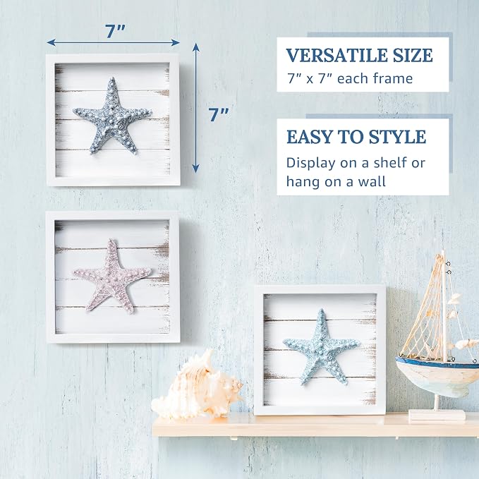Tide and Tales 3D Starfish Wall Art, Framed Set of 3, Beach Bathroom Decor | 7" x 7", Coastal Wall Decor, 3D Textured Seashells, Ready to Hang, Fade Resistant, Gift Boxed, Hardware Included