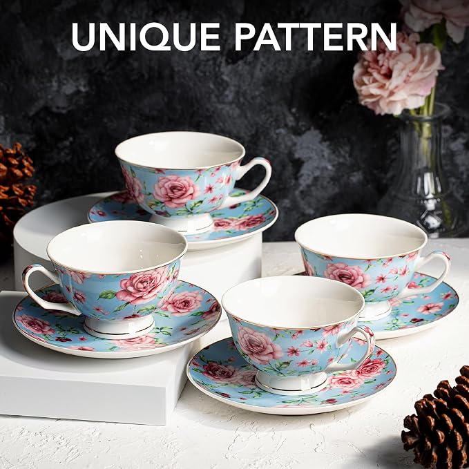 BTaT- Floral Tea Cups and Saucers, 8 oz, Fine Porcelain Teacup Set with Gold Trim for Afternoon Tea, Weddings, Parties & Gifting, Dishwasher Safe, Lightweight, Non-Toxic, Set of 4