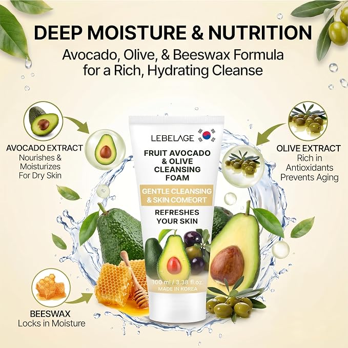LEBELAGE Korean Avocado&Olive Facial Cleanser 3.38 oz | Cleansing Foam Face Wash | Low pH Gentle Hydrating Daily Facial Cleanser Sensitive Skin | Deep Cleansing Foaming Cleanser, Pore Care