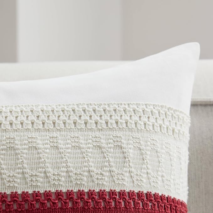 2pk Boho Pillow Covers 24x24, Natural White/Contrast/Red | 100% Organic Cotton Body, Stripe Embroidery, Farmhouse Decorative Cushion Covers for Sofa Bed Living Room Home Decor