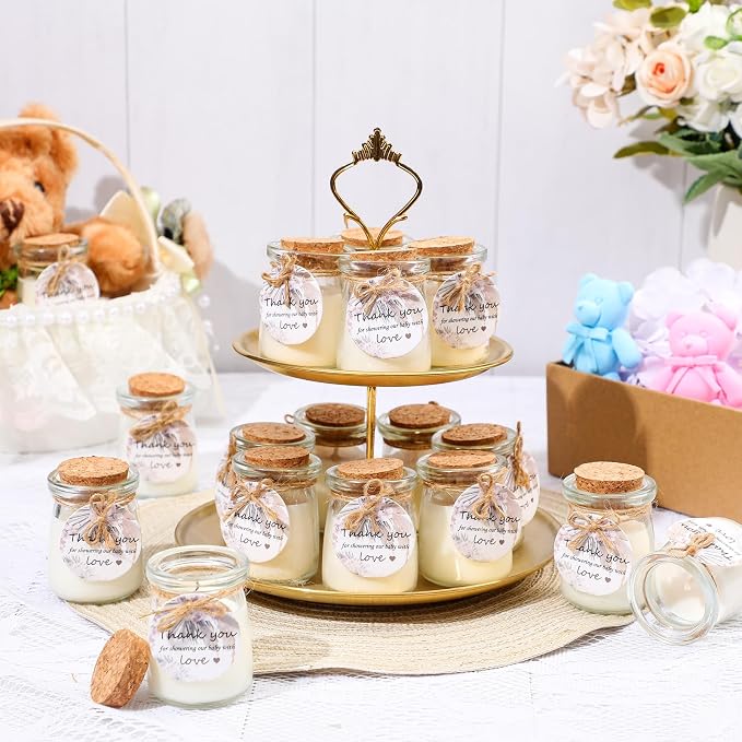 Threlaco 20 Pcs Boho Baby Shower Favors Party Candle Lavender Scented Glass Mason Jar Wax Candle Bulk for Guests Girl Boy Gender Reveal Party Gifts(Khaki)