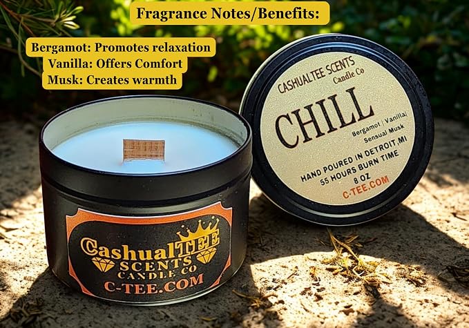 Luxury Handcrafted Bergamot, Vanilla, and Musk CHILL Scented Candle | Aromatherapy Crackling Wood Wick Long-Lasting Coconut Apricot Creme Wax Candles | 8oz-55hr Burntime | Perfect for Any Occasion