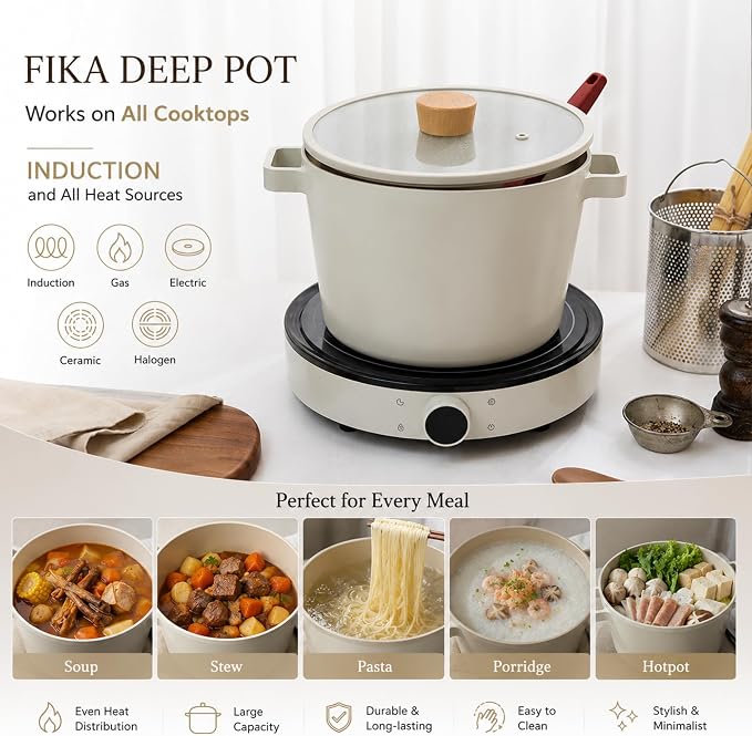 Fika NEOFLAM FIKA Deep Stock Pot for Stovetops and Induction | Glass Lid with Wood Knob | Made in Korea (8.7in / 4.9qt)