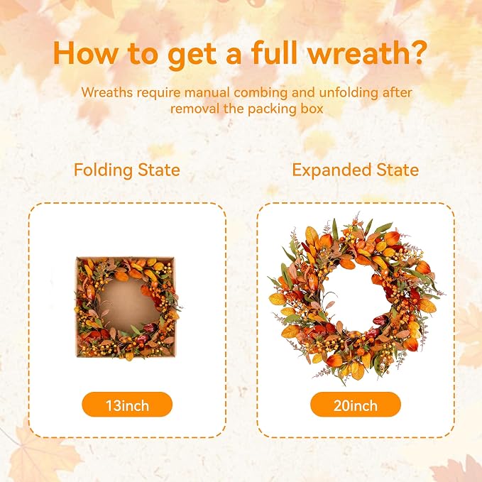 20" Fall Wreath Front Door Pumpkin Artificial Wall Decor Farmhouse Autumn Wreath Thanksgiving Home Porch Outdoor Indoor Holiday Harvest Decor