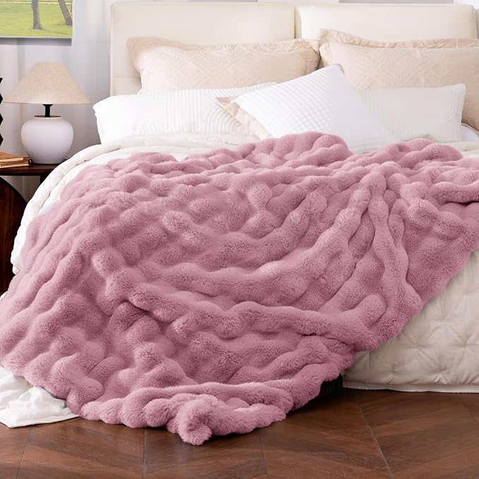 Ultra Soft Cozy Faux Fur Throw Blanket, Fuzzy Plush Thick Bubble Blanket, Oversize Luxury Fluffy Blanket for Couch, Bed, and Living Room, 60x80 Inches, Pink