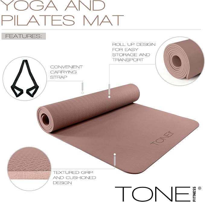 TONE Fitness Yoga Mat 1/4" Thick Non Slip Exercise & Pilates Mat for Home Workouts with Carrying Strap | Multiple Options