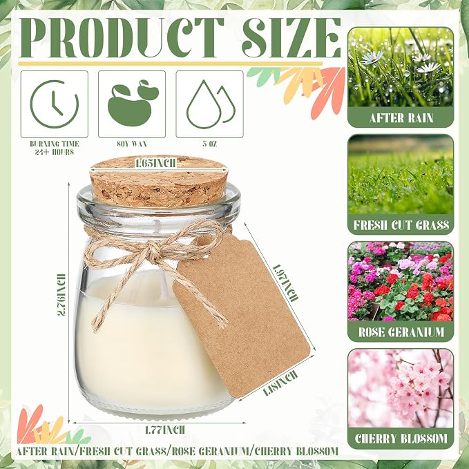 MTLEE 24 Pcs Wedding Jar Candles for Guests Natural Wax Spring Candles with DIY Cards for Bridal Baby Shower Party Favors Home Decor, Scents of After Rain/Fresh Cut Grass/Rose Geranium/Cherry Blossom