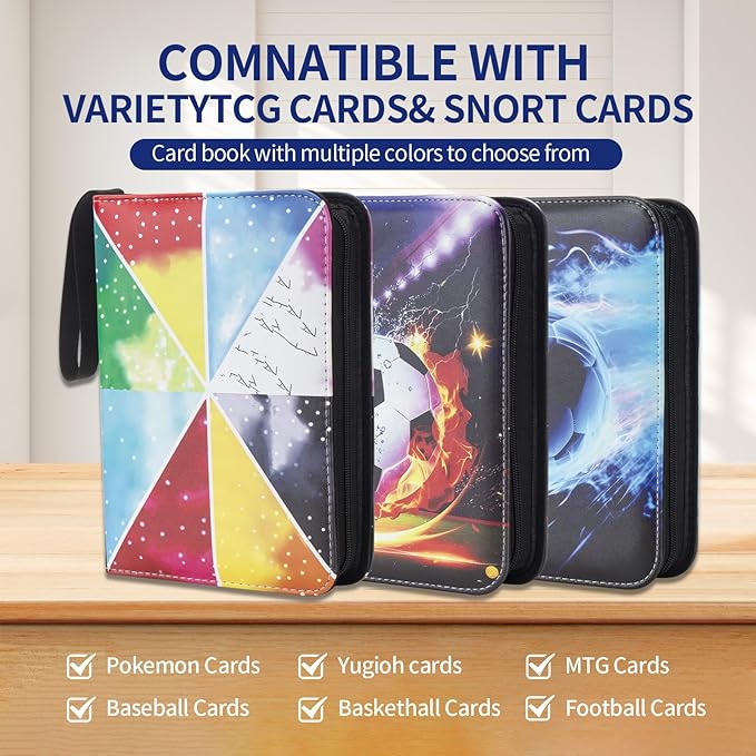 Card Binder – 400 Capacity, Zippered Trading Card Holder for MTG, Sports & Collectible Cards – Acid-Free, Durable & Travel-Friendly Storage (Colorful Patchwork, 4 Pocket)