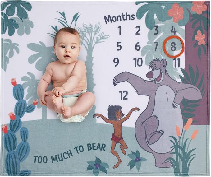 NoJo Disney Jungle Book Green and White Too Much to Bear Super Soft Photo Op Milestone Baby Blanket