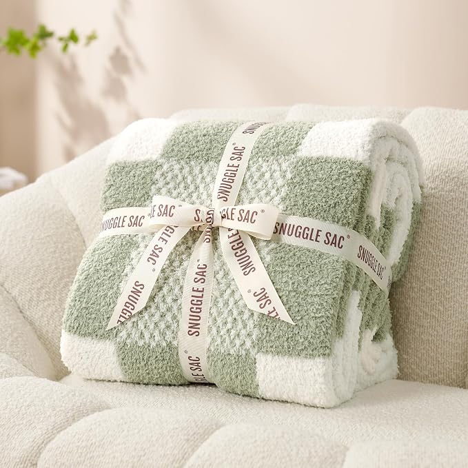 Snuggle Sac Checkered Blanket, Sage Green Throw Blanket for Couch Plaid Microfiber Fluffy Warm Cozy Fuzzy Soft Throw Blanket Reversible Checker Blankets for Sofa, Chair, Bed, 50x60 inches