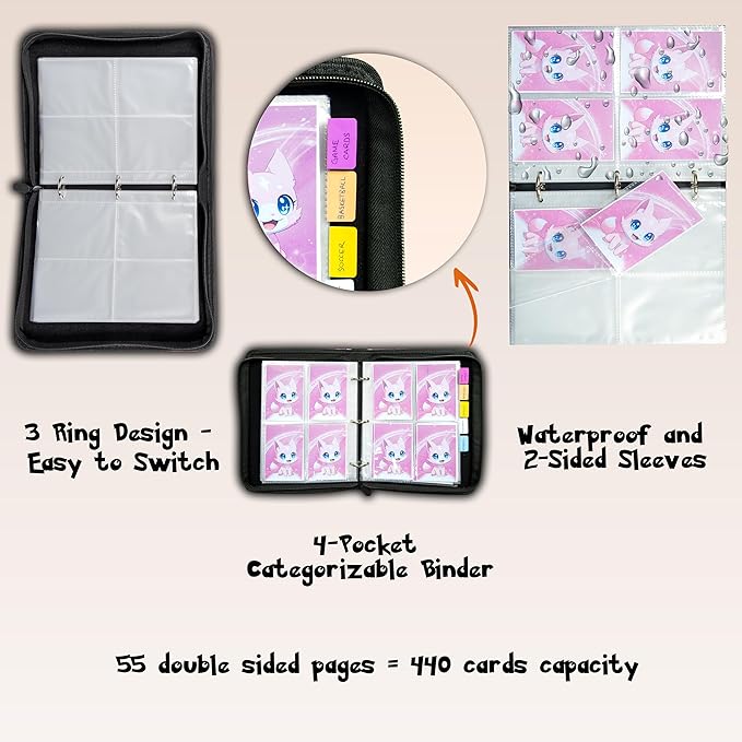 Trading Card Binder 4 Pocket Gifts for Girls, 440 Pockets Pink 3 Ring Binder, Includes Name Tag, Tab Stickers, Cards Binder Album Book Holder Case for Baseball Football Sports Tcg Binder