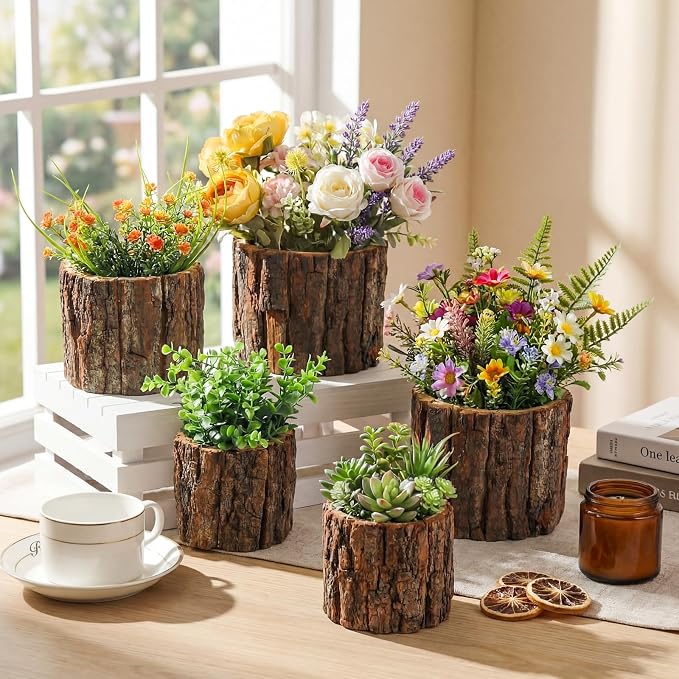 24 Pcs Wooden Vase for Centerpieces Wedding Flower Table Centerpieces Woodland Party Decor Rustic Farmhouse Bark Stump Buckets Vintage Planter Pots for Garden Baby Shower Window Home (L+m+s)