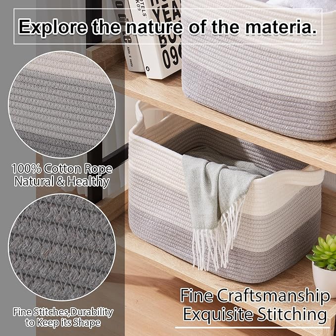 OIAHOMY Storage Basket, Woven Baskets for Storage, Cotton Rope Basket for toys,Towel Baskets for Bathroom - Pack of 3, Gradient Gray