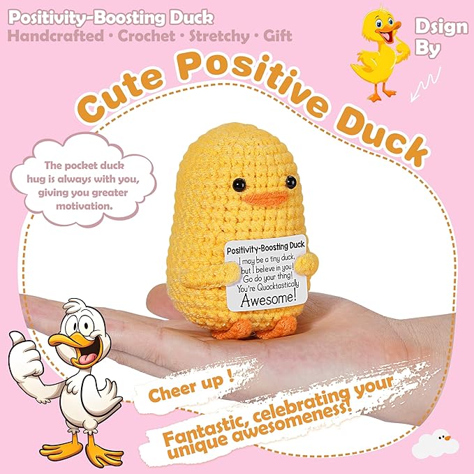 Positive Affirmation Companion Crochet Duck, Inspirational Crochet Animals Stress Anxiety Relief Toys, Handmade Mental Health Gifts for Women Men, Cute Desk Decor for Friends Coworkers Birthday