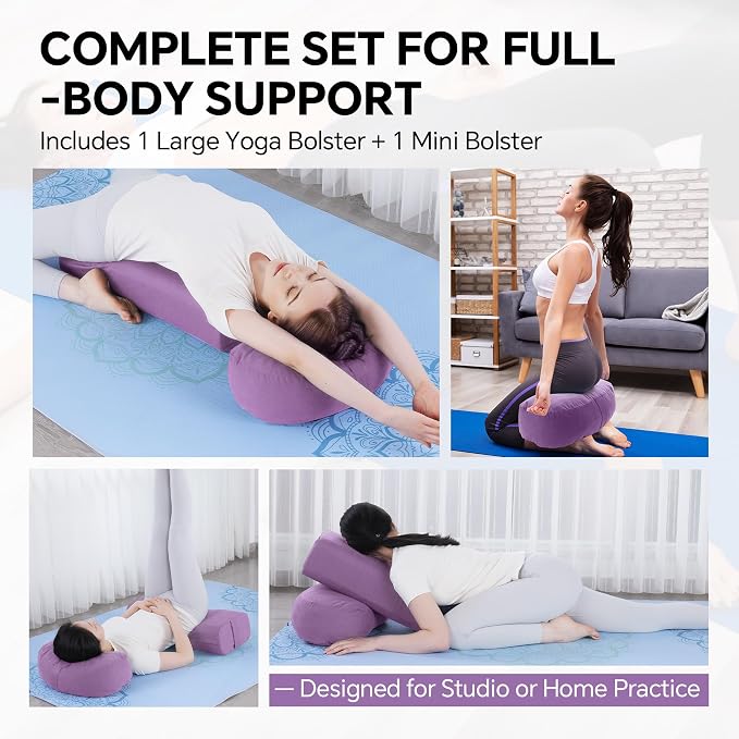 MABOZOO 2-Piece Yoga Bolster Pillow, Rectangular & Crescent Meditation Cushions with Removable Cover for Restorative Yoga, Meditation Accessories for Sitting on Floor