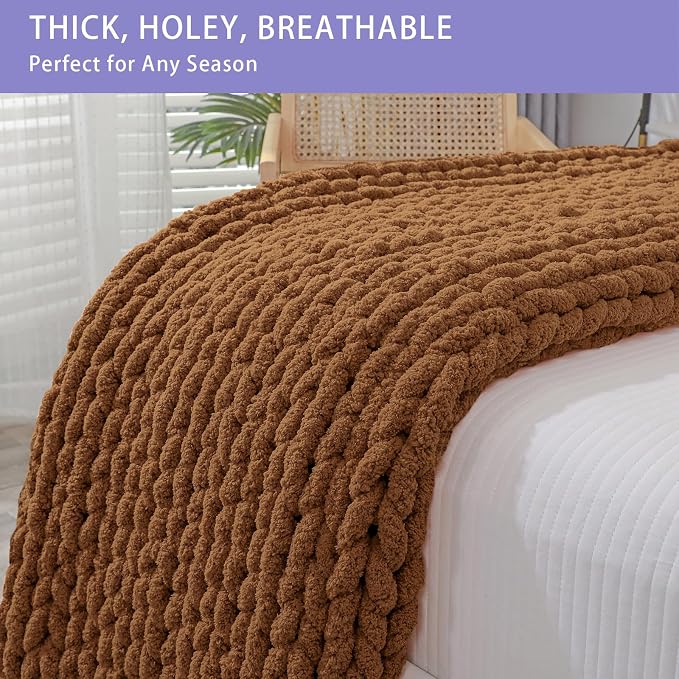 Bigacogo Chunky Knit Throw Blanket for Couch, 40x80 inches, Caramel | Hand Knit with Jumbo Chenille, Soft Breathable Cable Knit for Sofa Bed Living Room, Machine Washable, Gift for Mom Friend