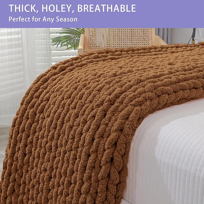 Bigacogo Chunky Knit Throw Blanket for Couch, 40x40 inches, Caramel | Hand Knit with Jumbo Chenille, Soft Breathable Cable Knit for Sofa Bed Living Room, Machine Washable, Gift for Mom Friend