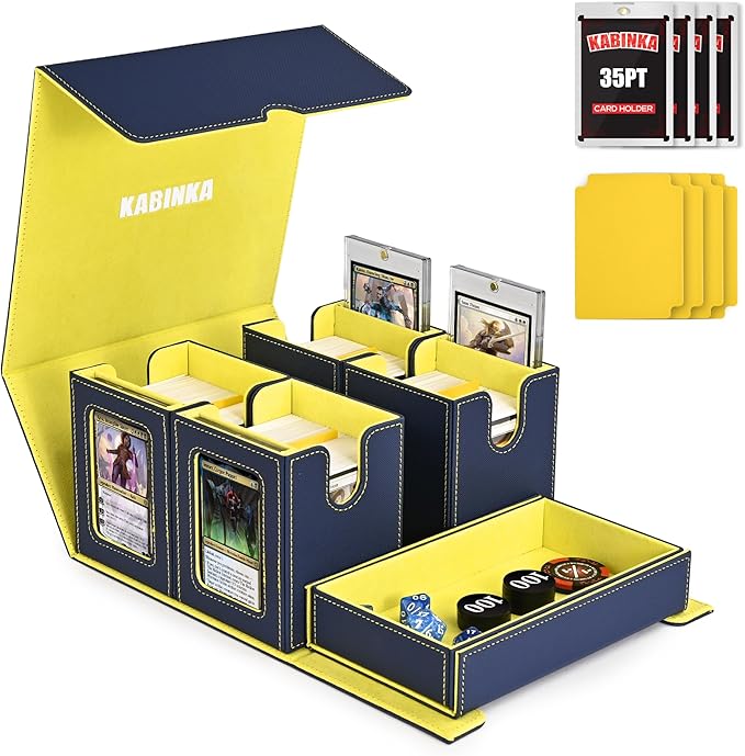 Kabinka Card Deck Box for MTG Commander, Holds 400+ Double-Sleeved Cards, 5 IN 1 Detachable Card Case with Dice Tray, Fits Magic/TCG Cards, 4 Magnetic Card Holders & Dividers (Blue Yellow)
