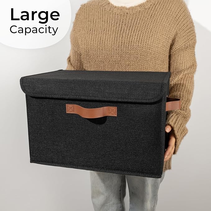 GRANNY SAYS Memory Keepsake Storage Box, Fabric Storage Bins with Lids | Flip-Top Lid, Collapsible, Stackable, 3 Handles, Ideal for Closet Clothes Blanket Toys, Large, Black, 2-Pack