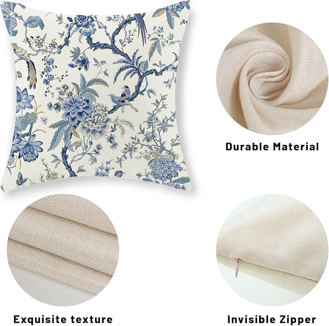 Chinoiserie Floral Bird Pillow Covers 24x24 Set of 2 Blue Chinoiserie Flowers Decorative Pillow Cases Outdoor Decor Blue and Cream Throw Pillows Farmhouse Linen Cushion Cover for Couch Home