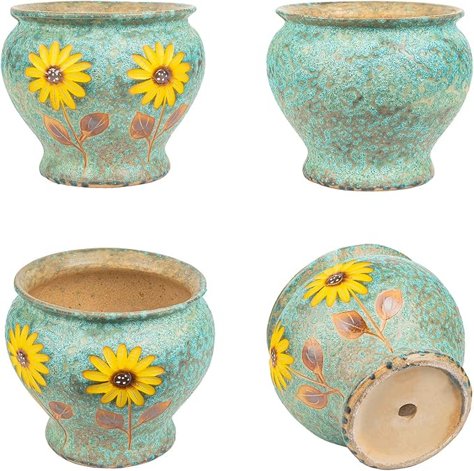 Sungmor 9 Inch Hand Painted Ceramic Succulent Plant Pots - Blue & Daisy | Vintage Decorative Pottery Planters for Indoor Outdoor Plants, Table Centerpieces & Flower Arrangement Home Decor