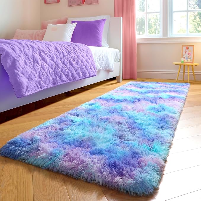Amdrebio Purple Rainbow Mermaid Fluffy Runner Area Rug 2x6 for Kids Bedroom | Plush Furry Shag Pastel Girls Carpet, Baby Nursery Classroom Dorm Playroom Decor, Cutecore Kidcore Aesthetic, Pink Blue Color