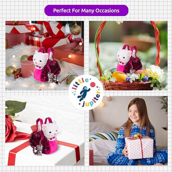 Little Jupiter Plush Pet Set with Purse - Stuffed Cat Plush Pet Carrier Set w/Reversible Sequins & Charm - (White Cat)