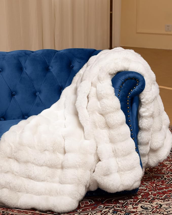 Ultra Soft Cozy Faux Fur Throw Blanket, Fuzzy Plush Thick Bubble Blanket, Oversize Luxury Fluffy Blanket for Couch, Bed, and Living Room, 60x80 Inches, Cream White