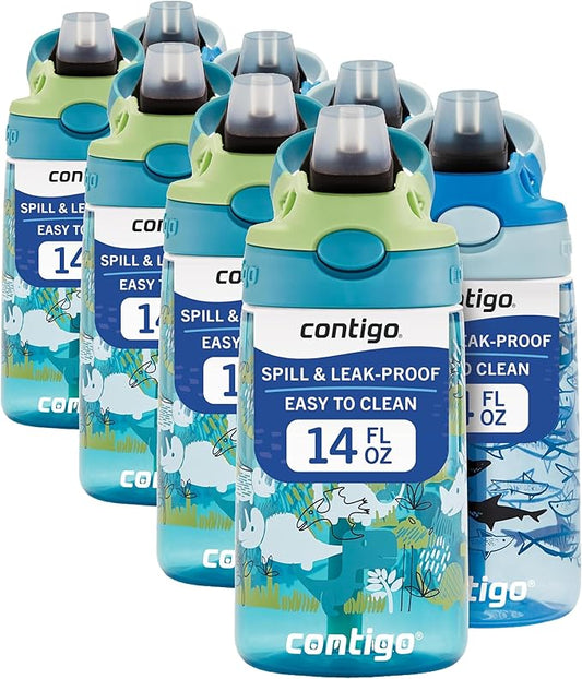 Contigo Aubrey Kids Water Bottle,14oz,Dinos & Sharks,Spill-Proof Lid,Dishwasher Safe,Blue & Green,(Pack of 8)