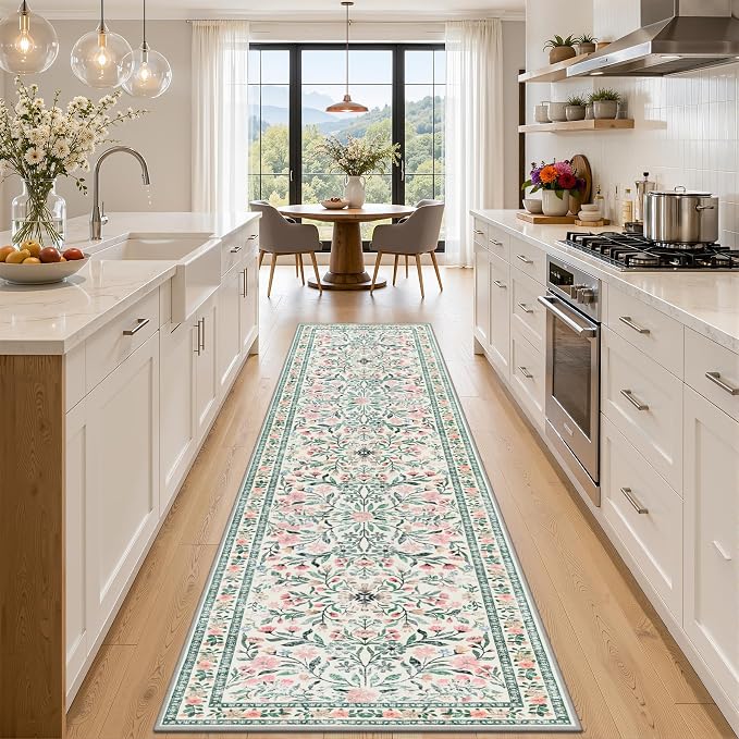 Runner Rug for Entryway: 3x10 Kitchen Rugs Floral Washable Rug Green/Beige | Ultra-Thin Non Slip Indoor Floor Carpet Stain Resistant Carpets for Hallway Bedroom Kitchen Laundry Bathroom Dorm Home Office